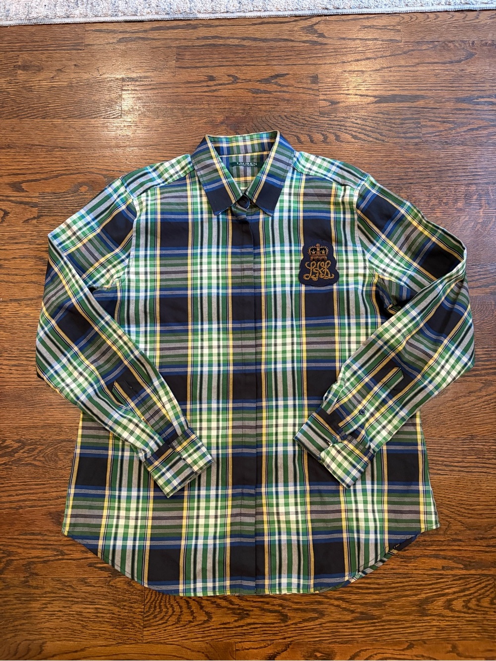 Lauren Ralph Lauren Navy, Green & White Plaid Button-Down Shirt